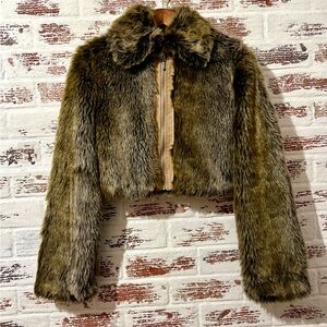 Vintage Wet Seal Coat Faux Fur Y2K 90’s Cropped Zip Up Brown Lined Sz S
